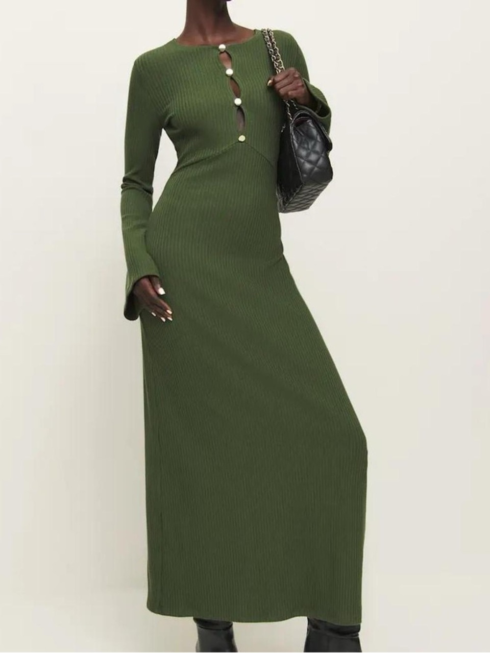 Reformation Olive Green Ribbed Maxi Dress with Front Button Cutouts